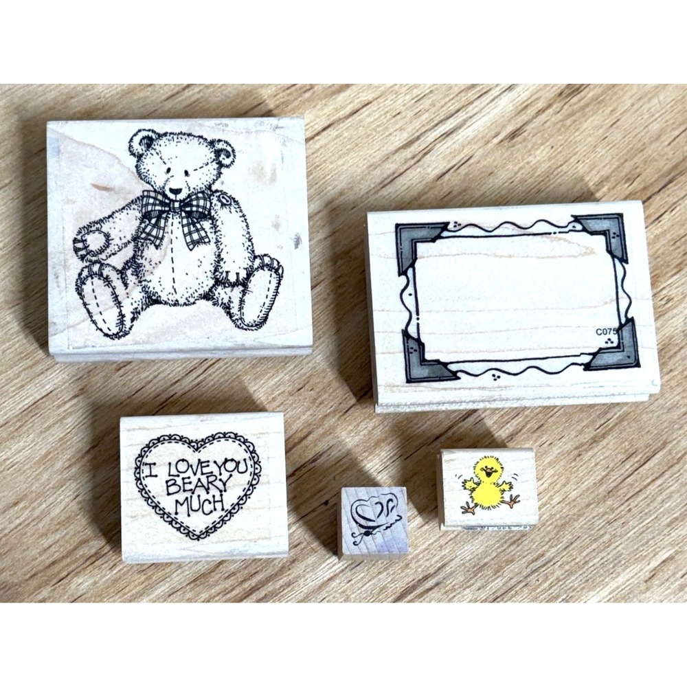 Vintage Wood Rubber‎ Stamp Lot 5pc Teddy Bear Heart Frame Chick Butterfly